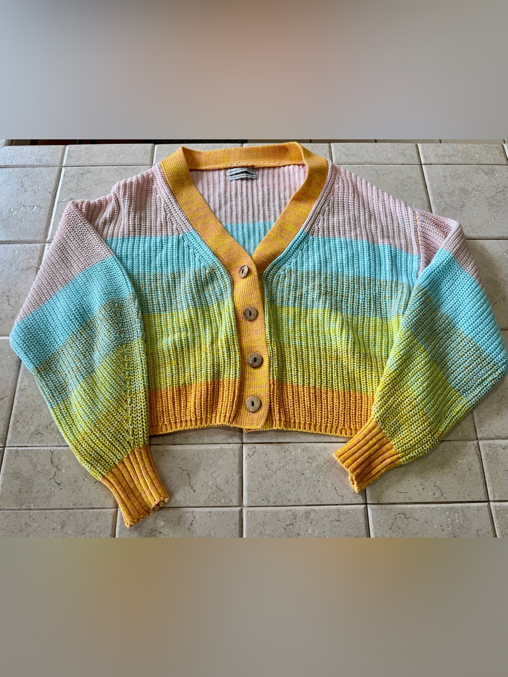 UO Turner Ribbed Cropped Button-Down Cardigan Rainbow